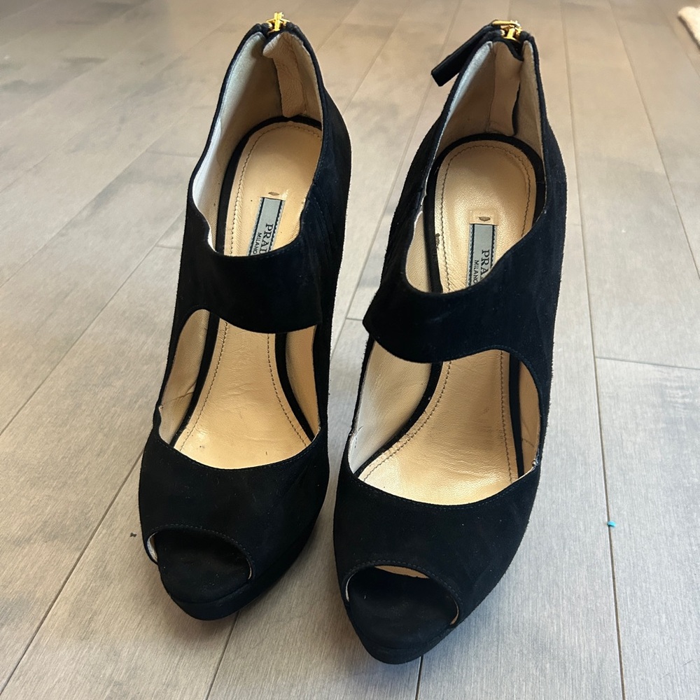 Prada Black Suede Peep-Toe Wedges